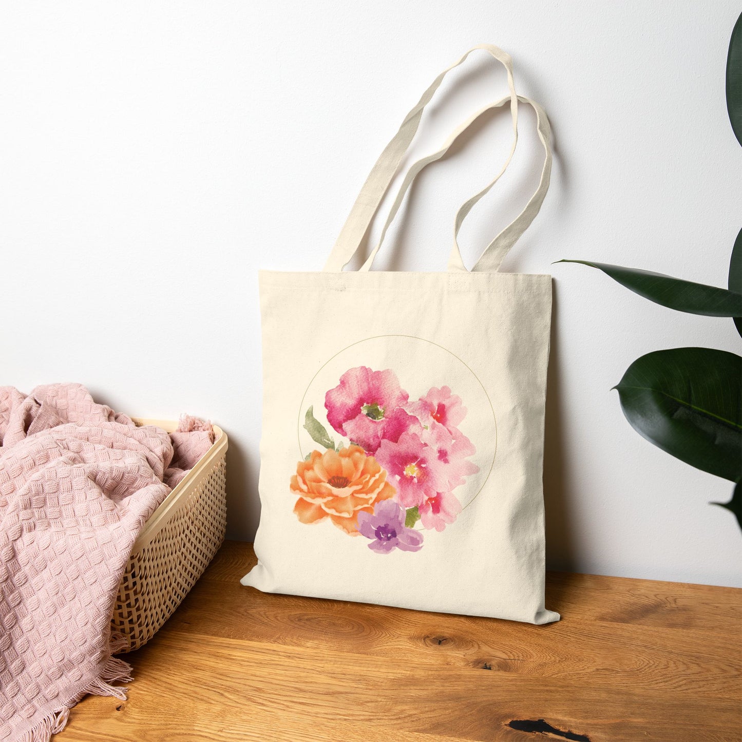 Pink & Orange Blooms Watercolor Canvas Tote Bag