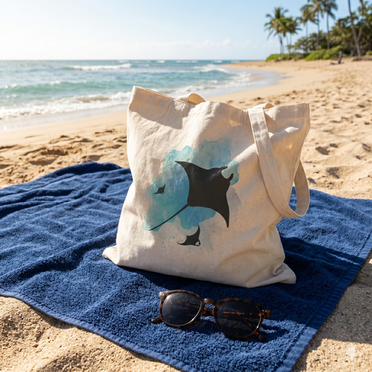 Manta Ray Watercolor Tote -Natural