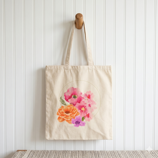 Pink & Orange Blooms Watercolor Canvas Tote Bag