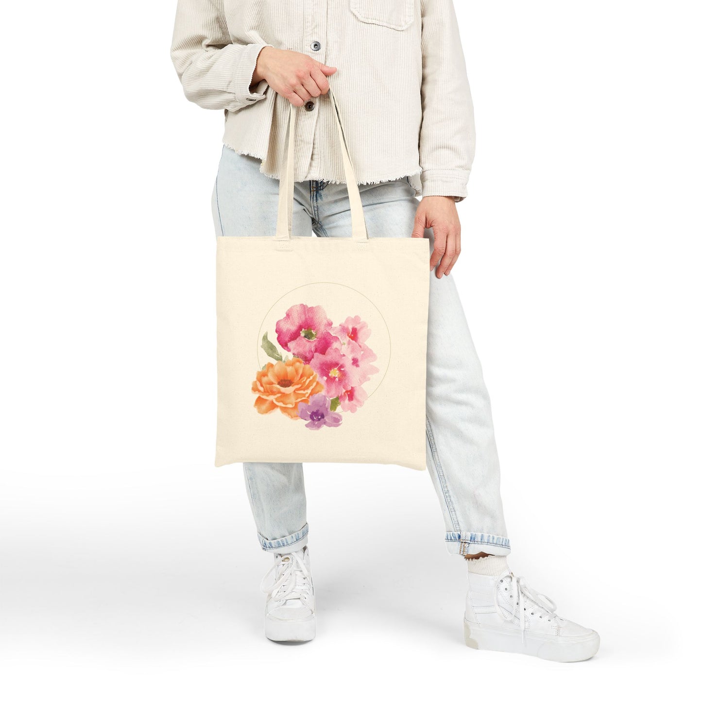 Pink & Orange Blooms Watercolor Canvas Tote Bag